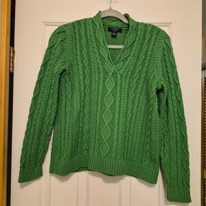 Chaps Petite Green Cable Knit Sweater - 100% Cotton V-Neck Pullover‎ - PM